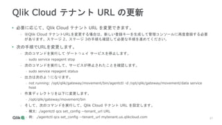27
27
Qlik Cloud テナント URL の更新
• 必要に応じて、Qlik Cloud テナント URL を変更できます。
- ※Qlik Cloud テナントURLを変更する場合は、新しい登録キーを生成して管理コンソールに再度登録...