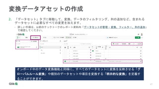 17
17
変換データアセットの作成
2. 「データセット」タブに移動して、変換、データのフィルタリング、列の追加など、含まれる
データセットに必要なすべての変更を加えます。
- 詳しい手順は、以前のテックトークのレポート資料内「データセットの管理 - 変換、フィルター、列の追加」
で確認してください。
オンボード中のデータ変換機能と同様に、すべてのデータセットに変換を反映させる「グ
ローバルルール変換」や個別のデータセットや項目を変換する「明示的な変換」を定義す
ることができます。
 