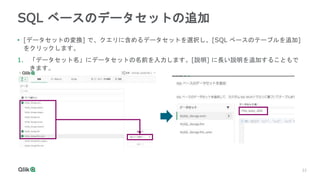 22
22
SQL ベースのデータセットの追加
• [データセットの変換] で、クエリに含めるデータセットを選択し、[SQL ベースのテーブルを追加]
をクリックします。
1. 「データセット名」にデータセットの名前を入力します。[説明] に長い説明を追加することもで
きます。
 