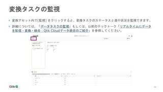 28
28
変換タスクの監視
• 変換アセット内で[監視] をクリックすると、変換タスクのステータスと進行状況を監視できます。
• 詳細については、「データタスクの監視」もしくは、以前のテックトーク「リアルタイムにデータ
を配信・変換・統合：Qlik Cloudデータ統合のご紹介」を参照してください。
 
