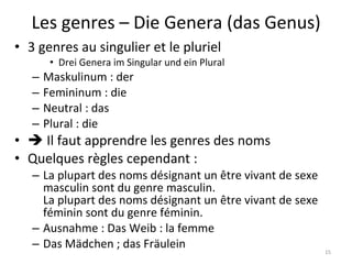 Les genres – Die Genera (das Genus) 3 genres au singulier et le pluriel Drei Genera im Singular und ein Plural Maskulinum : der Femininum : die Neutral : das Plural : die    Il faut apprendre les genres des noms Quelques règles cependant : La plupart des noms désignant un être vivant de sexe masculin sont du genre masculin. La plupart des noms désignant un être vivant de sexe féminin sont du genre féminin. Ausnahme : Das Weib : la femme Das Mädchen ; das Fräulein 