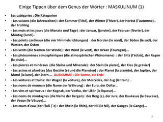 Einige Tippen über dem Genus der Wörter : MASKULINUM (1) Les catégories : Die Kategorien - Les saisons (die Jahreszeiten) : der Sommer (l'été), der Winter (l'hiver), der Herbst (l'automne)., der Frühling - Les mois et les jours (die Monate und Tage) : der Januar, (janvier), der Februar (février), der Montag (lundi)..  - Les points cardinaux (die vier Himmelsrichtungen)  : der Norden (le nord), der Süden (le sud), der Westen, der Osten - Les vents (die Namen der Winde) : der Wind (le vent), der Orkan (l'ouragan)... - Les phénomènes atmosphériques (die atmospärischen Phänomene)  : der Blitz (l'éclair), der Regen (la pluie)... - Les pierres et minéraux  (die Steine und Minerale) : der Stein (la pierre), der Kies (le gravier) - Les astres et planètes (das Gestirn (e) und die Planeten) : der Planet (la planète), der Jupiter, der Mond (la lune), der Stern ...  AUSNAHME : Die Sonne, die Erde - Les voitures et trains: der Wagen (la voiture), der Mercedes, der Zug (le train)... - Les noms de monnaie (die Name der Währung) : der Euro, der Dollar... - Les vins et spiritueux : der Kognak, der Vodka, der Likör (la liqueur)... - Les noms de montagnes (die Name der Bergen) : der Berg (e), der Jura, der Kaukasus (le Caucase), der Vesuv (le Vésuve)... - Les cours d'eau (der Fluß (¨e) : der Rhein (le Rhin), der Nil (le Nil), der Ganges (le Gange)... 