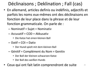 Déclinaisons ; Deklination ; Fall (cas) En allemand, articles definis ou indéfinis, adjectifs et parfois les noms eux-mêmes ont des déclinaisons en fonction de leur place dans la phrase et de leur fonction grammaticale. On parle de : Nominatif = Sujet = Nominativ Accusatif = COD = Akkusativ Die Katze hat einen kleinen Ball Datif = COI = Dativ Der Hund spielt mit dem kleinen Ball Génitif = Complément du Nom = Genitiv Der Ball der kleinen schwarzen Katze Der Ball des weißen Hunds Ceux qui ont fait latin comprendront de suite 