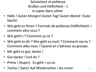 Salutations et politesse Grüßen und Höflichkeit - 1 A copier dans cahier  Hallo ! Guten Morgen! Guten Tag! Guten Abend ! Gute Nacht! Wie geht es Ihnen ? Formule de politesse (Höflichkeit) = comment allez vous ? Wie geht’s ? Comment ça va ? Wie geht es dir ? Wie geht es euch ? Comment vas-tu ? Comment allez-vous ? Quand on s’adresse au groupe. Mir geht es gut, danke !  Gut danke ! Und dir ?  Prima ! (Super).  Es geht = ça va. Tschüs ! Salut! Auf Wiedersehen ! Au revoir. 