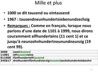 Mille et plus 1000 se dit tausend ou eintausend 1967 : tausendneunhundertsiebenundsechzig Remarques :  Comme en français, lorsque nous parlons d'une date de 1101 à 1999, nous dirons couramment elfhunderteins (11 cent 1) et ce jusqu'à neunzehnhundertneunundneunzig (19 cent 99). 2000 zwei tausend 11001 elf tausend eins 511000 fünfhundertelf tausend 345617 dreihundertfünfundvierzig tausend sechshundertsiebzehn 