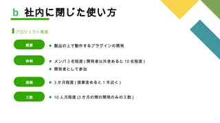 11
製品の上で動作するプラグインの開発
b 社内に閉じた使い方
プロジェクト概要
体制
概要
メンバ 3 名程度 ( 開発者以外含めると 10 名程度 )
開発者として参加
期間 3 か月程度 ( 提案含めると 1 年近く )
工数 10 人月程度 (3 か月の間の開発のみの工数 )
 
