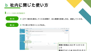 14
エラー検知を通知してくれる部署が、自ら課題を登録し対応、連絡してくれる。
b 社内に閉じた使い方
リリース後も利用継続中
良い点
悪い点 やり取りが長引くことがある。
課題の登録は 2023 年 12 月 13 日
ころ
最後のコメントは 2024 年 05 月 31
 