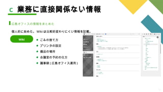 17
c 業務に直接関係ない情報
広島オフィスの情報をまとめた
個人的に始めた。 Wiki は比較的変わりにくい情報を記載。
ごみの捨て方
プリンタの設定
備品の場所
会議室の予約の仕方
議事録 ( 広島オフィス運用 )
Wiki
 