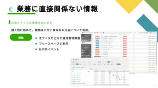 18
c 業務に直接関係ない情報
広島オフィスの情報をまとめた
個人的に始めた。課題は日付に関係ある内容について利用。
オフィスのビルの維持管理業務
フリースペースの利用
社内外イベント
課題
 