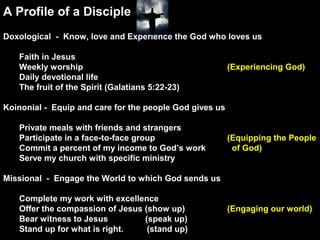 A Profile of a Disciple
Doxological - Know, love and Experience the God who loves us
Faith in Jesus
Weekly worship (Experiencing God)
Daily devotional life
The fruit of the Spirit (Galatians 5:22-23)
Koinonial - Equip and care for the people God gives us
Private meals with friends and strangers
Participate in a face-to-face group (Equipping the People
Commit a percent of my income to God’s work of God)
Serve my church with specific ministry
Missional - Engage the World to which God sends us
Complete my work with excellence
Offer the compassion of Jesus (show up) (Engaging our world)
Bear witness to Jesus (speak up)
Stand up for what is right. (stand up)
 