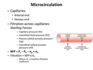 MicrocirculationCapillaries Arterial endVenous endFiltration across capillaries: Starling ForcesCapillary pressure (Pc)Interstitial fluid pressure (Pif)Plasma colloid osmotic pressure (πp)Interstitial colloid osmotic pressure (πif)NFP = Pc – Pif – πp + πifFiltration = NFP x KfWhere, Kf  is Capillary filtration coefficient