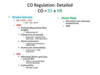 CO Regulation: DetailedCO = SV x HRStroke VolumeSV = EDV – ESV= 120 – 50 = 70 mlEDVPreload (Myocardial fiber length)Affected by VRFilling time of diastoleRapid HR – diastole time decreases – EDV decreasesAtrial contraction Inadequate contraction affects EDVVentricular distensibilityif decreases – EDV decreasesESVAfterload (Aortic pressure – arterial BP)Affects myocardial fiber shortening abilityContractility SNS (NE via β1)Heart RateHR and SV are inversely proportionalANS