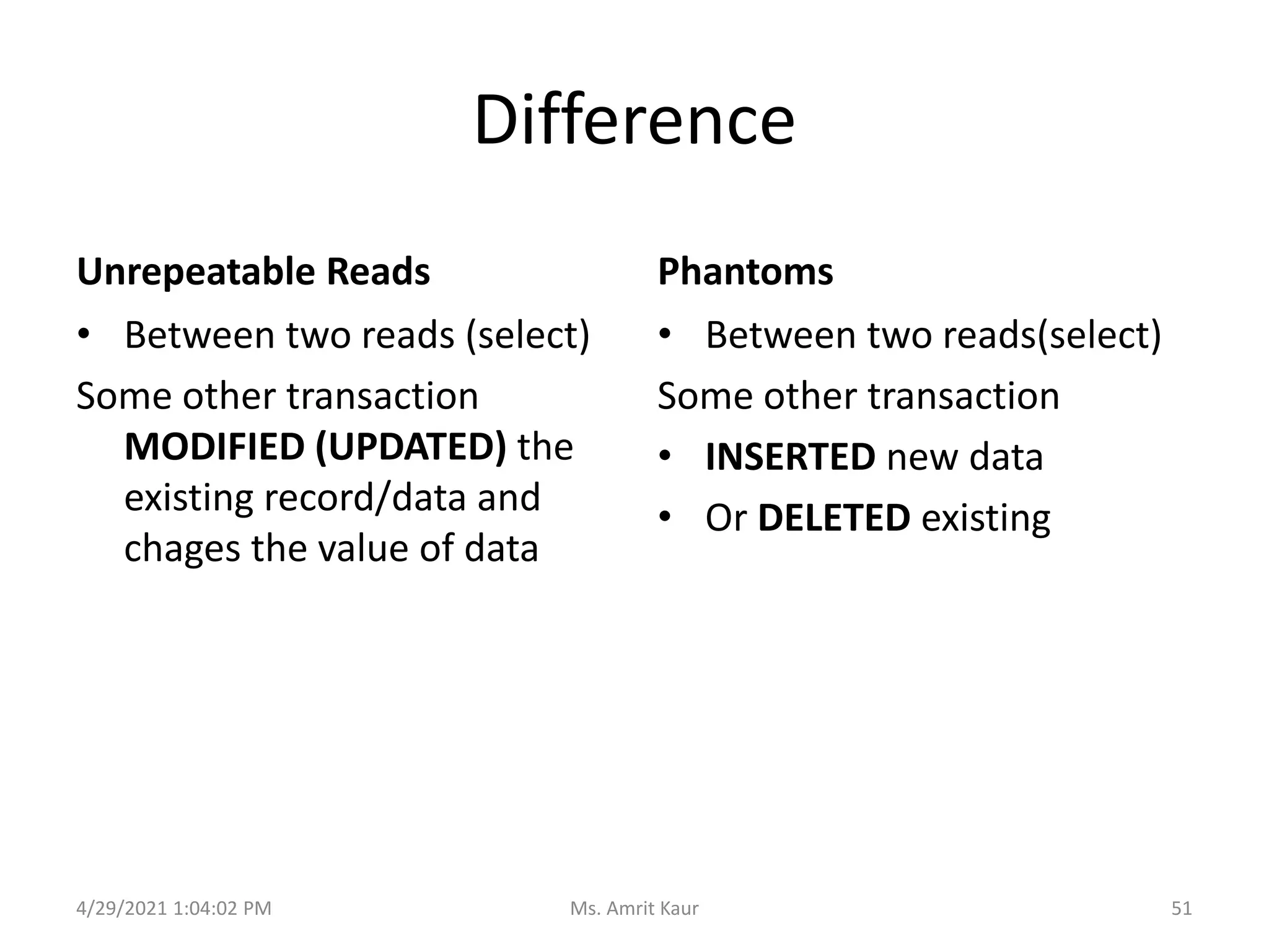 Difference
Unrepeatable Reads
• Between two reads (select)
Some other transaction
MODIFIED (UPDATED) the
existing record/data and
chages the value of data
Phantoms
• Between two reads(select)
Some other transaction
• INSERTED new data
• Or DELETED existing
4/29/2021 1:04:02 PM 51
Ms. Amrit Kaur
 