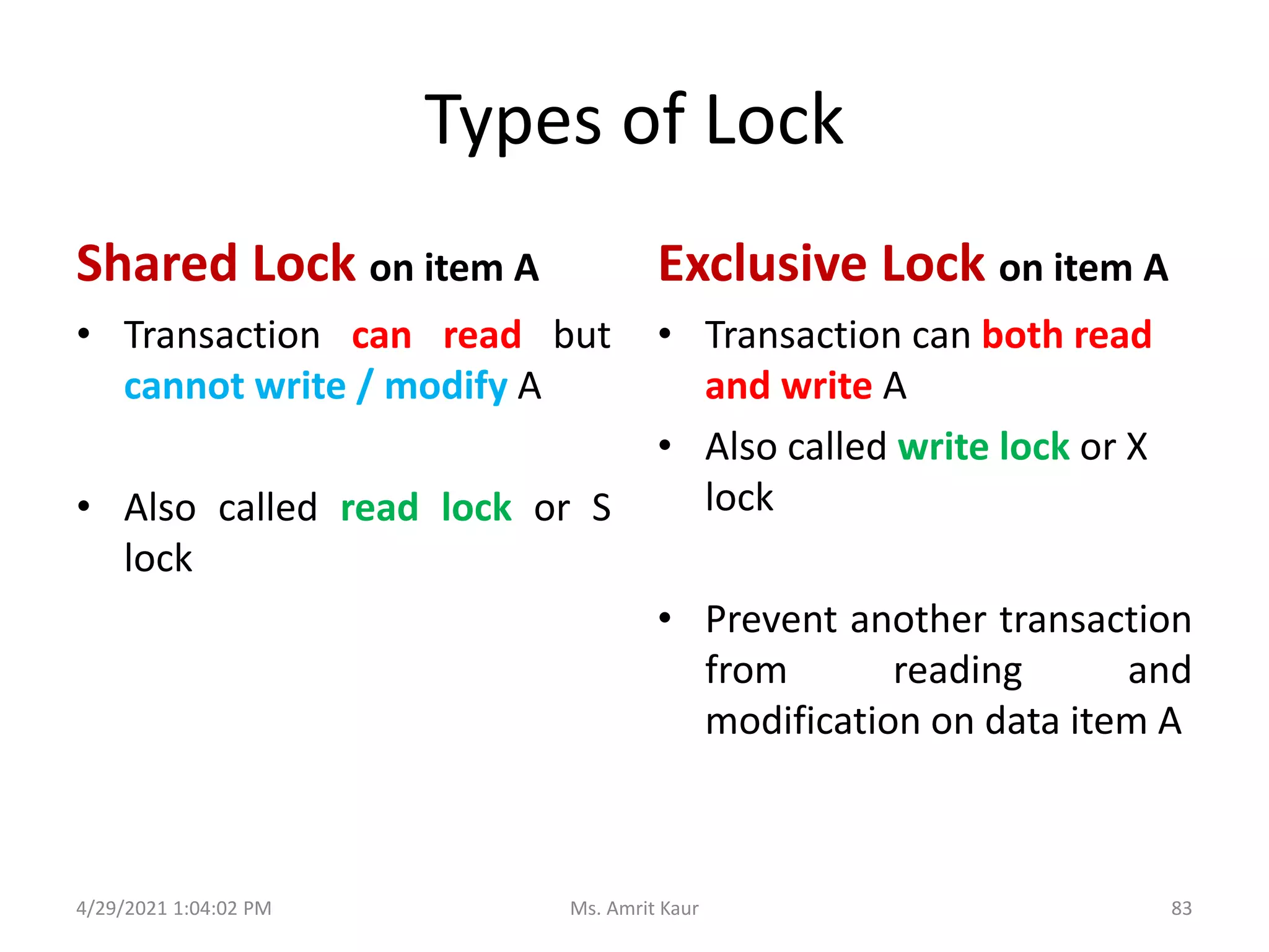 Types of Lock
Shared Lock on item A
• Transaction can read but
cannot write / modify A
• Also called read lock or S
lock
Exclusive Lock on item A
• Transaction can both read
and write A
• Also called write lock or X
lock
• Prevent another transaction
from reading and
modification on data item A
4/29/2021 1:04:02 PM 83
Ms. Amrit Kaur
 