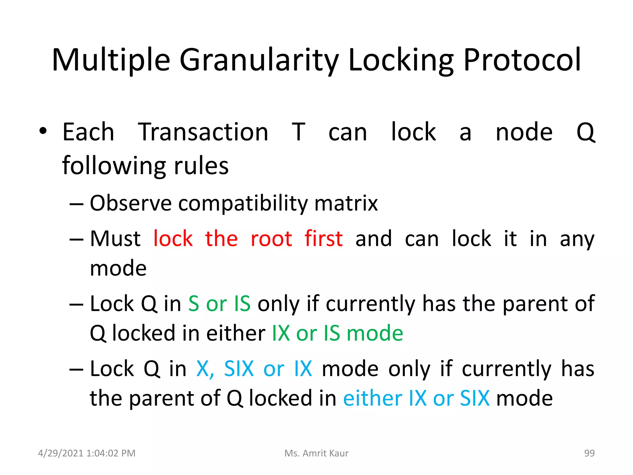 Multiple Granularity Locking Protocol
• Each Transaction T can lock a node Q
following rules
– Observe compatibility matrix
– Must lock the root first and can lock it in any
mode
– Lock Q in S or IS only if currently has the parent of
Q locked in either IX or IS mode
– Lock Q in X, SIX or IX mode only if currently has
the parent of Q locked in either IX or SIX mode
4/29/2021 1:04:02 PM 99
Ms. Amrit Kaur
 