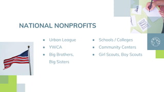 NATIONAL NONPROFITS
● Urban League
● YWCA
● Big Brothers,
Big Sisters
● Schools / Colleges
● Community Centers
● Girl Scouts, Boy Scouts
 