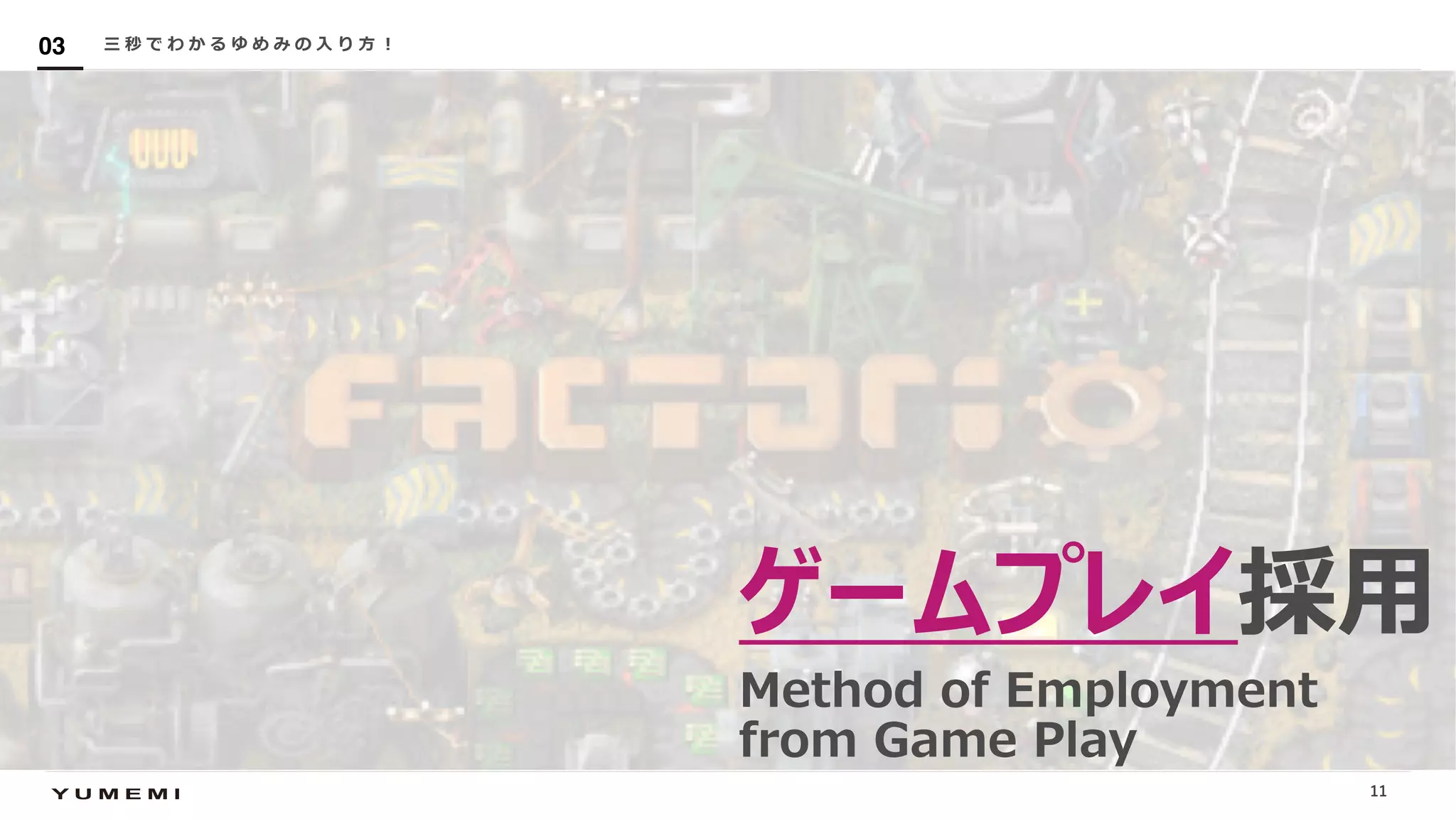 Confidential
ゲームプレイ採⽤
Method of Employment
from Game Play
三 秒 で わ か る ゆ め み の ⼊ り ⽅ ︕03
11
 