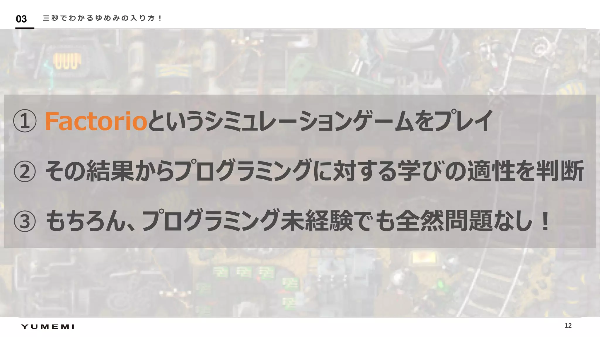 Confidential
① Factorioというシミュレーションゲームをプレイ
② その結果からプログラミングに対する学びの適性を判断
③ もちろん、プログラミング未経験でも全然問題なし︕
三 秒 で わ か る ゆ め み の ⼊ り ⽅ ︕03
12
 