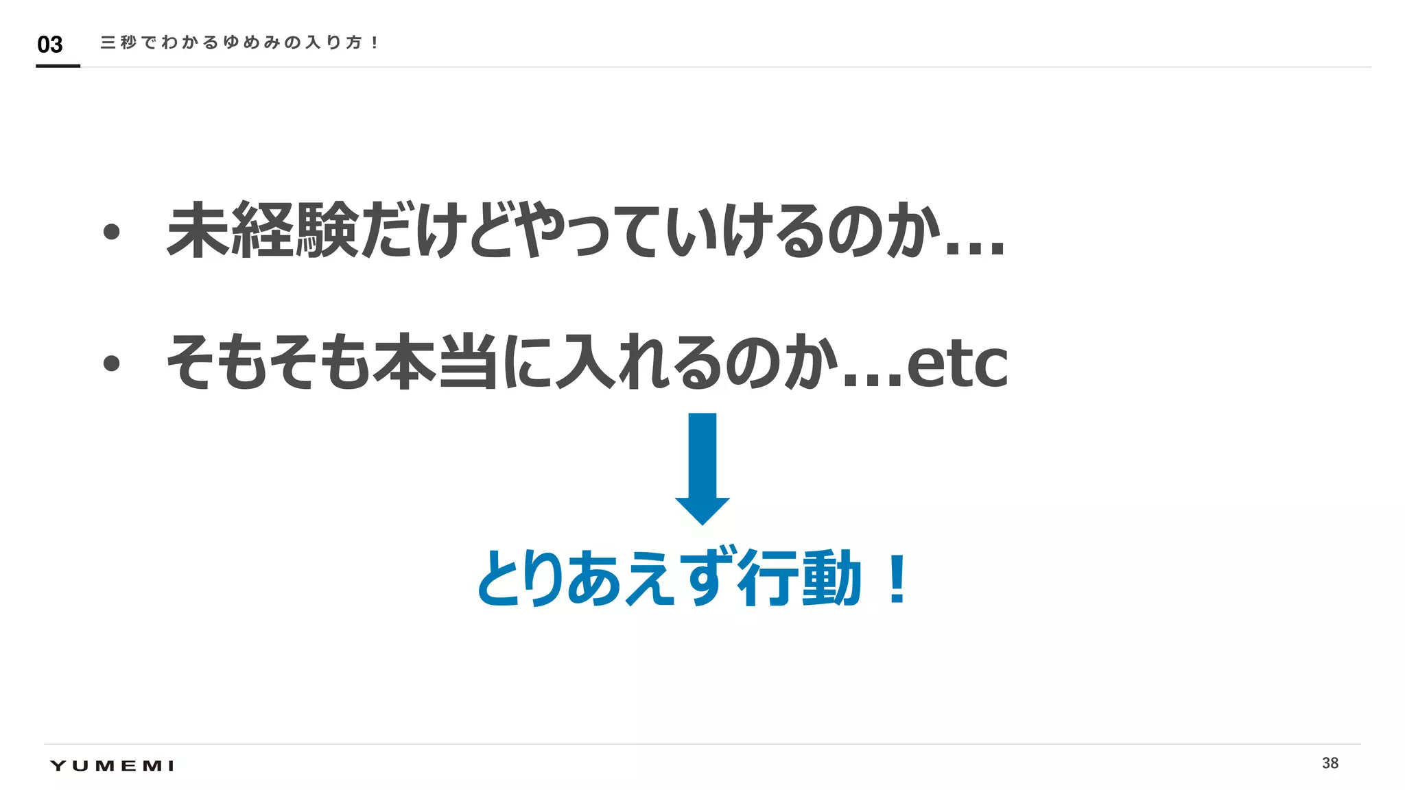 Confidential
• 未経験だけどやっていけるのか...
• そもそも本当に⼊れるのか...etc
三 秒 で わ か る ゆ め み の ⼊ り ⽅ ︕03
とりあえず⾏動︕
38
 