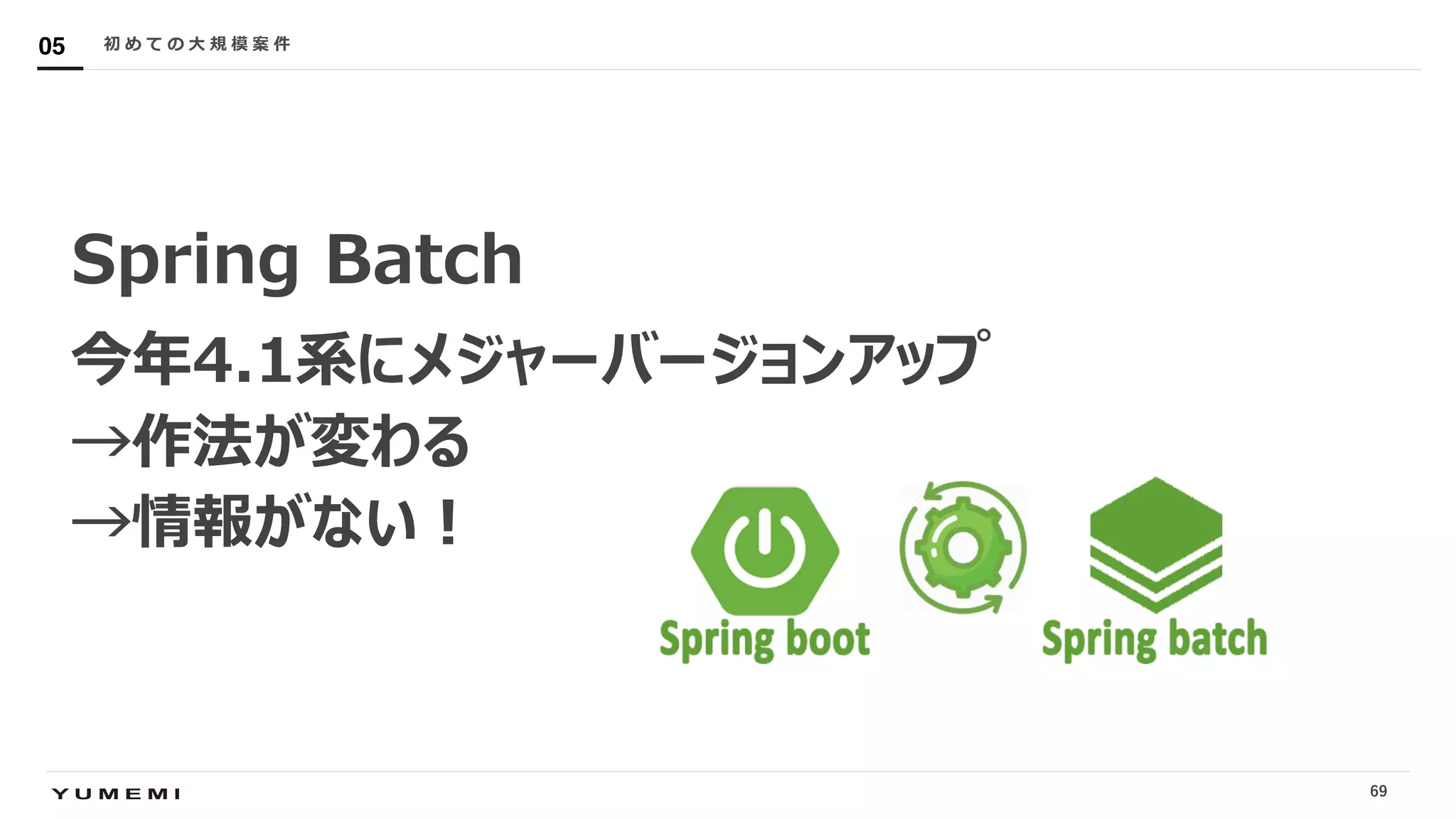 Confidential
Spring Batch
今年4.1系にメジャーバージョンアップ
→作法が変わる
→情報がない︕
初 め て の ⼤ 規 模 案 件05
69
 
