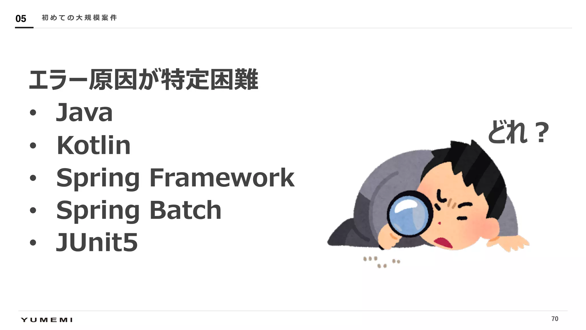 Confidential
エラー原因が特定困難
• Java
• Kotlin
• Spring Framework
• Spring Batch
• JUnit5
初 め て の ⼤ 規 模 案 件05
70
どれ︖
 