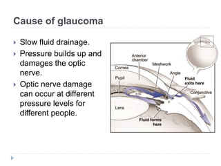 Cause of glaucoma
 Slow fluid drainage.
 Pressure builds up and
damages the optic
nerve.
 Optic nerve damage
can occur at different
pressure levels for
different people.
 
