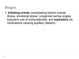 Stages
1. Initiating events: precipitating factors include
illness, emotional stress, congenital narrow angles,
long-term use of corticosteroids, and mydriatics (ie,
medications causing pupillary dilation).
 