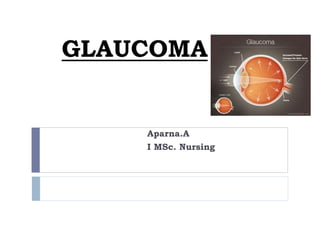 GLAUCOMA
Aparna.A
I MSc. Nursing
 