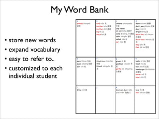 My Word Bank


• store new words
• expand vocabulary
• easy to refer to..
• customized to each
  individual student



                              18
 