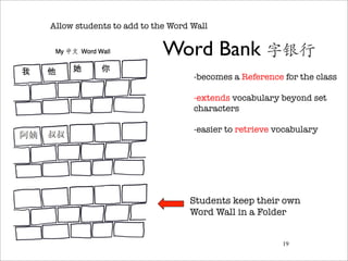 Allow students to add to the Word Wall


                           Word Bank 字银行
                                   -  ecomes a Reference for the class
                                    b

                                   -  xtends vocabulary beyond set
                                    e
                                   characters

                                   -  asier to retrieve vocabulary
                                    e




                                  Students keep their own 
                                  Word Wall in a Folder


                                                         19
 