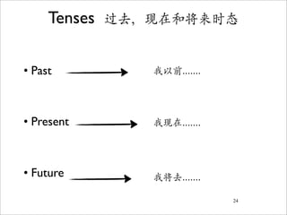 Tenses   过去，现在和将来时态


• Past           我以前.......




• Present        我现在.......




• Future         我将去.......

                              24
 