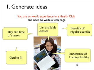1. Generate ideas
       You are on work experience in a Health Club
               and need to write a web page

                       List available         Benefits of
Day and time           classes                regular exercise
of classes




                                             Importance of
 Getting fit                                 keeping healthy

                                                     51
                                                     30
 