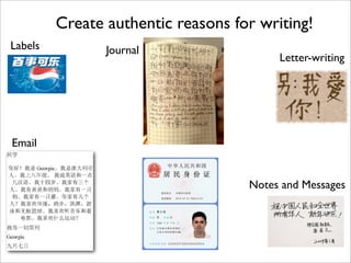 Create authentic reasons for writing!
Labels          Journal
                                         Letter-writing




Email


                                    Notes and Messages
 