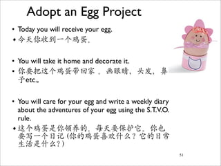 Adopt an Egg Project
• Today you will receive your egg.
• 今天你收到一个鸡蛋。

• You will take it home and decorate it.
• 你要把这个鸡蛋带回家 。画眼睛，头发，鼻
  子etc.,

• You will care for your egg and write a weekly diary
  about the adventures of your egg using the S.T.V.O.
  rule.
• 这个鸡蛋是你领养的。每天要保护它。你也
  要写一个日记 (你的鸡蛋喜欢什么？它的日常
  生活是什么?）
                                                        51
 