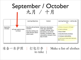 September / October
           九月 ／ 十月




准备一本护照 ｜ 打包行李 ｜ Make a list of clothes
          to take |
 