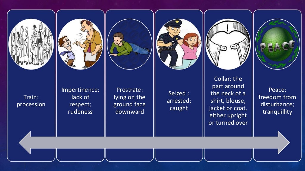 Train:
procession
Impertinence:
lack of
respect;
rudeness
Prostrate:
lying on the
ground face
downward
Seized :
arrested;
caught
Collar: the
part around
the neck of a
shirt, blouse,
jacket or coat,
either upright
or turned over
Peace:
freedom from
disturbance;
tranquillity
 
