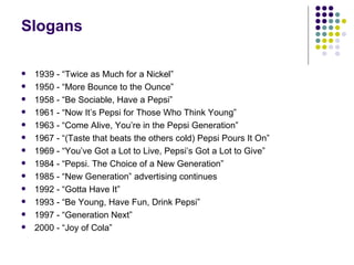 Slogans

   1939 - “Twice as Much for a Nickel”
   1950 - “More Bounce to the Ounce”
   1958 - “Be Sociable, Have a Pepsi”
   1961 - “Now It’s Pepsi for Those Who Think Young”
   1963 - “Come Alive, You’re in the Pepsi Generation”
   1967 - “(Taste that beats the others cold) Pepsi Pours It On”
   1969 - “You’ve Got a Lot to Live, Pepsi’s Got a Lot to Give”
   1984 - “Pepsi. The Choice of a New Generation”
   1985 - “New Generation” advertising continues
   1992 - “Gotta Have It”
   1993 - “Be Young, Have Fun, Drink Pepsi”
   1997 - “Generation Next”
   2000 - “Joy of Cola”
 