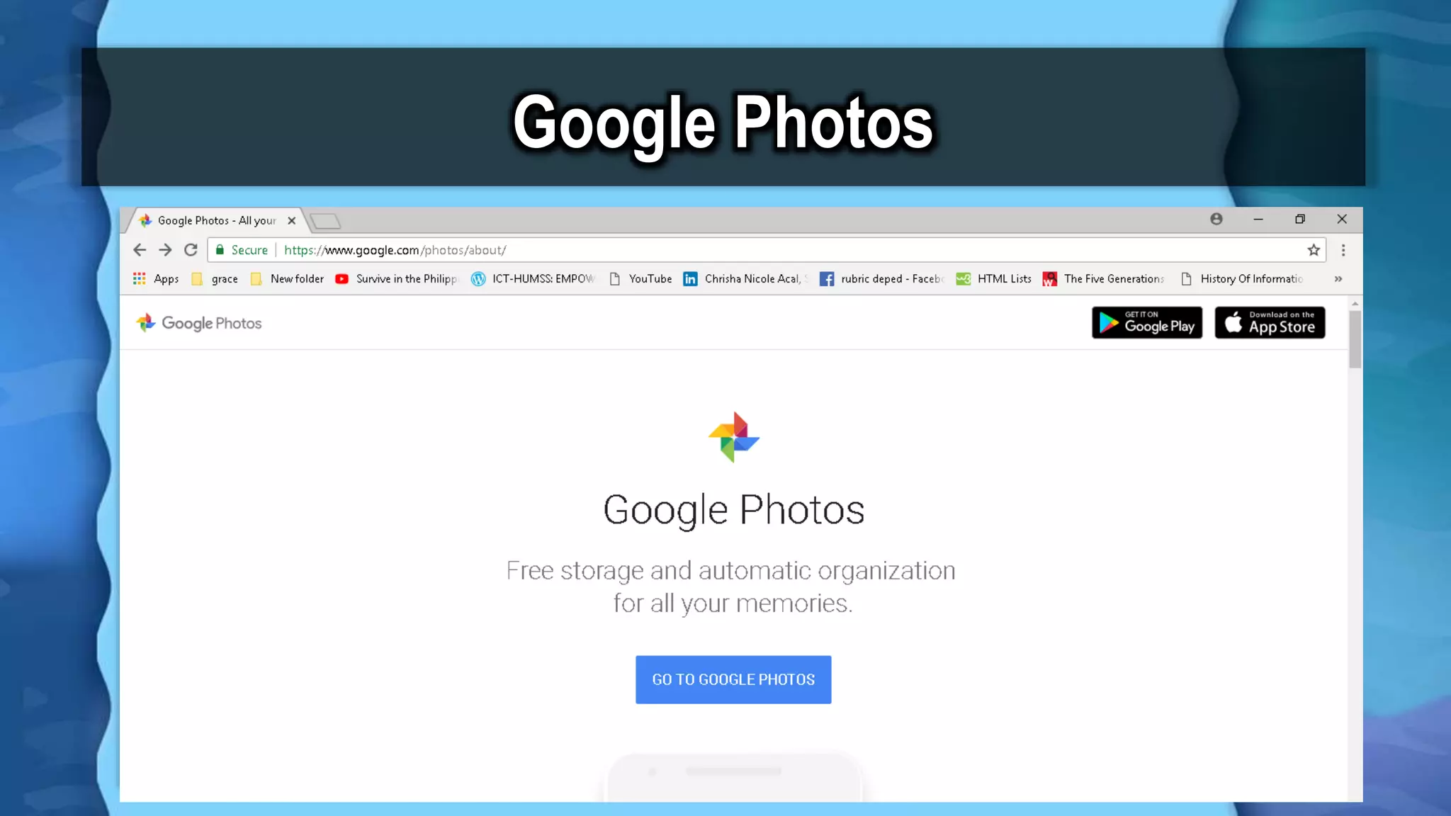 Google Photos
To get started
1. Go to photos.google.com
2. Log in to your Google account
.
 