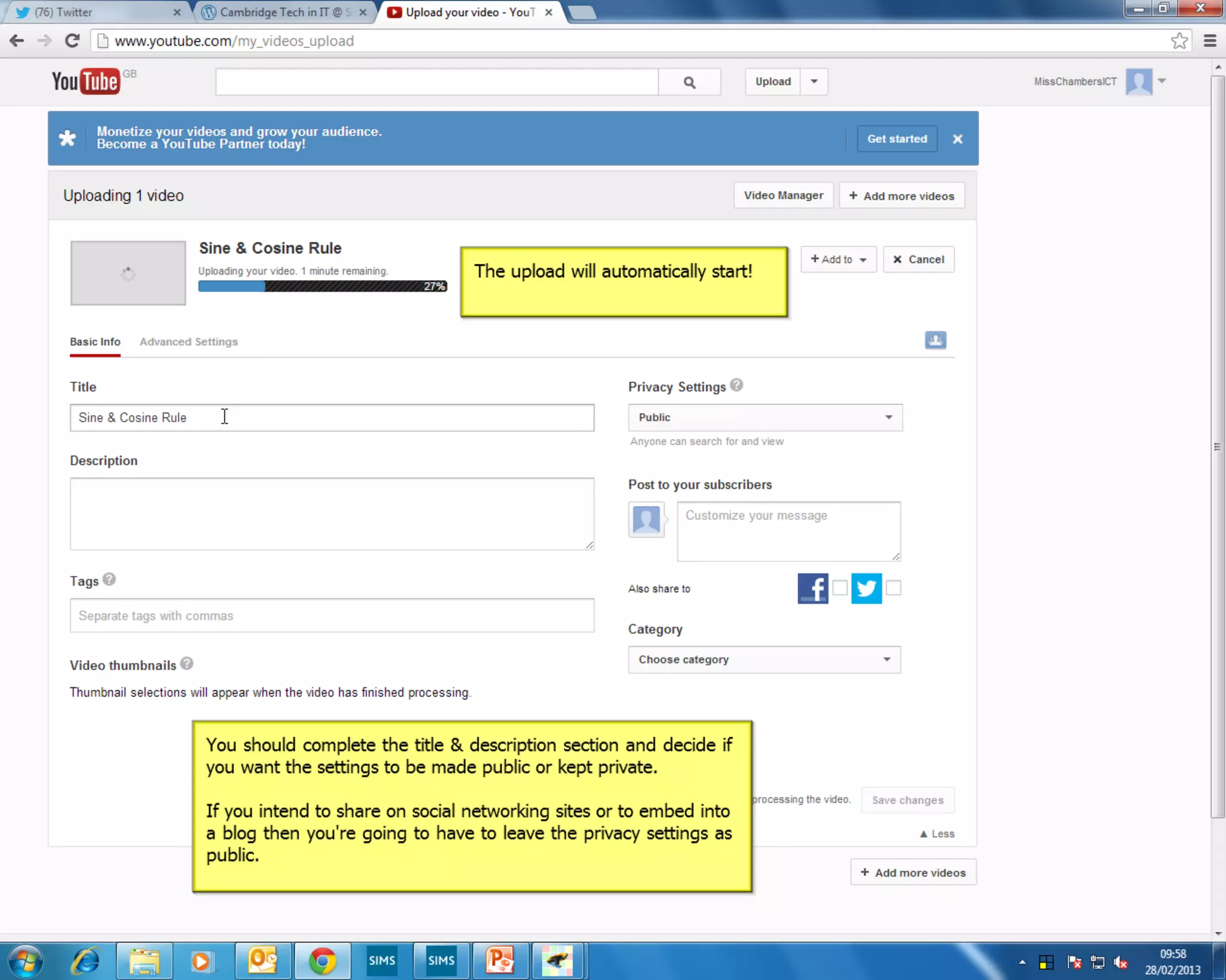 Uploading a video to YouTube