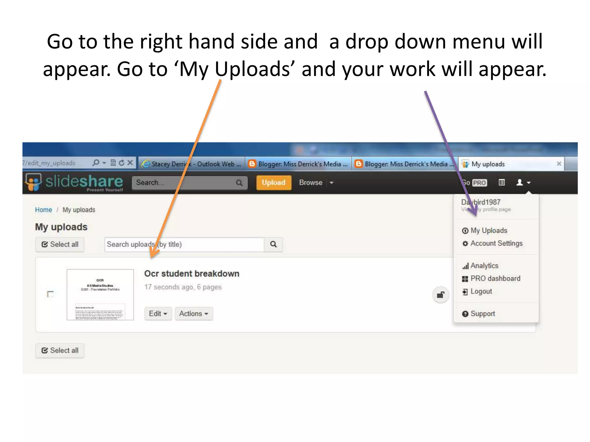 Go to the right hand side and a drop down menu will
appear. Go to ‘My Uploads’ and your work will appear.
