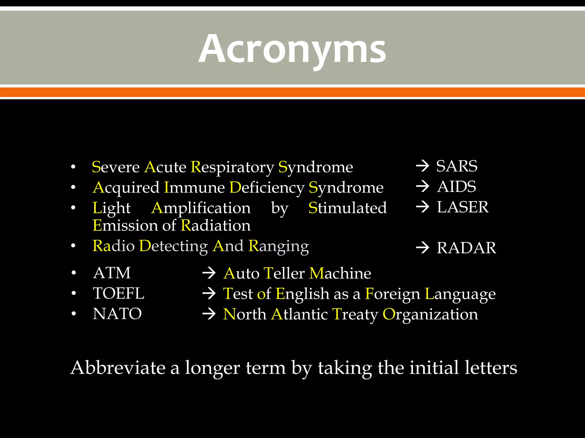 Acronyms

• Severe Acute Respiratory Syndrome         SARS
• Acquired Immune Deficiency Syndrome       AIDS
• Light Amplification by Stimulated         LASER
  Emission of Radiation
• Radio Detecting And Ranging               RADAR
• ATM           Auto Teller Machine
• TOEFL         Test of English as a Foreign Language
• NATO          North Atlantic Treaty Organization


Abbreviate a longer term by taking the initial letters
 