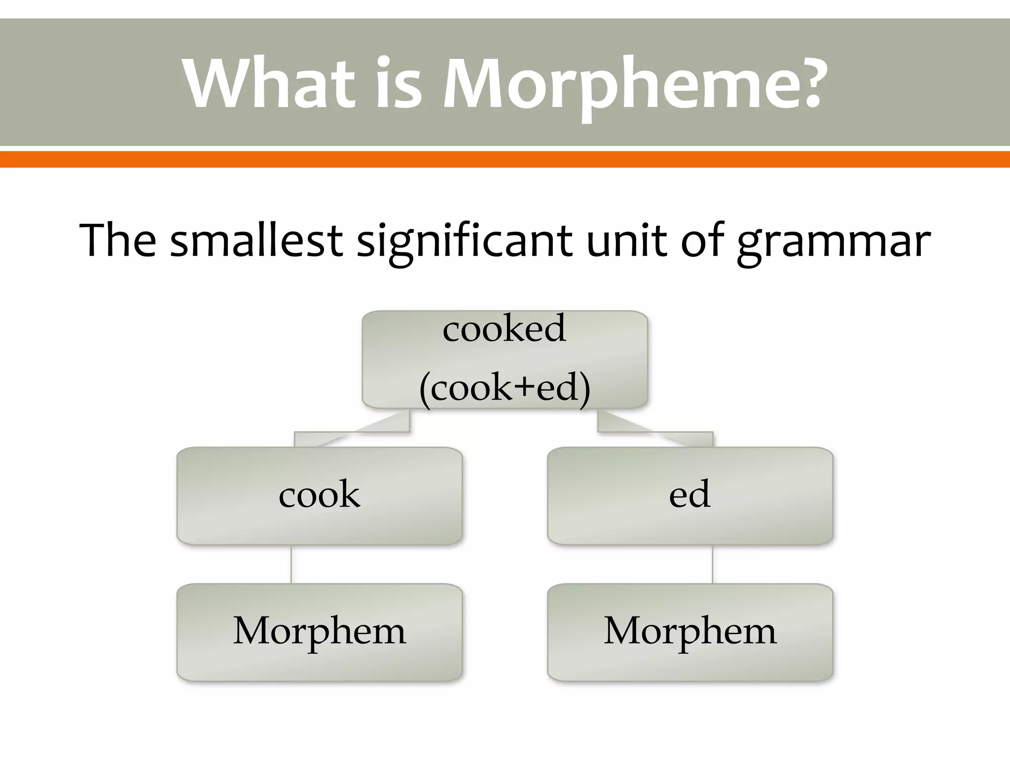 What is Morpheme?
The smallest significant unit of grammar
                  cooked
                 (cook+ed)

         cook                  ed


       Morphem               Morphem
 