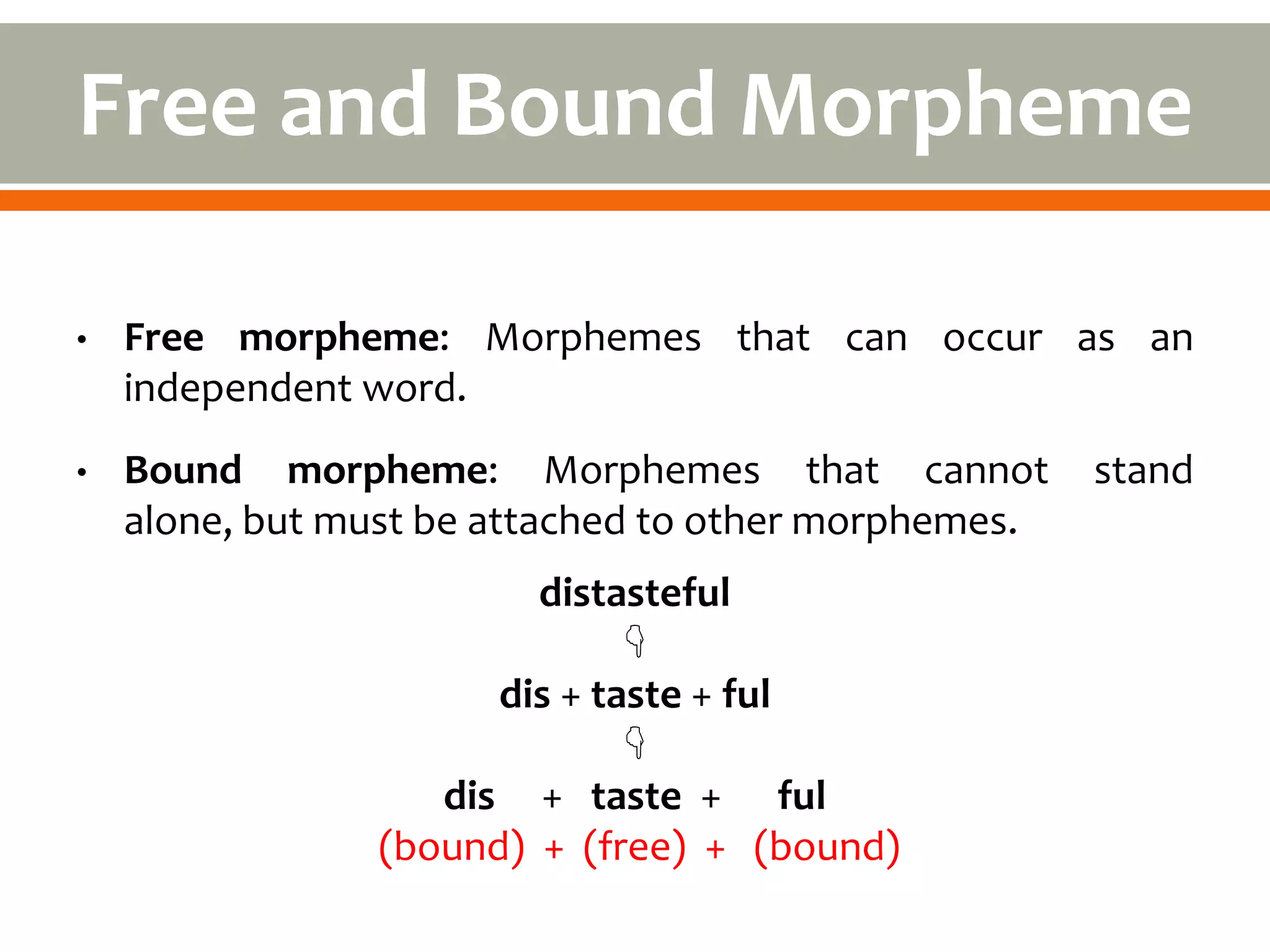 Free and Bound Morpheme

•   Free morpheme: Morphemes that can occur as an
    independent word.
•   Bound morpheme: Morphemes that cannot             stand
    alone, but must be attached to other morphemes.
                        distasteful
                              
                      dis + taste + ful
                              
                   dis + taste + ful
                (bound) + (free) + (bound)
 