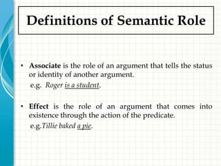 Definitions of Semantic Role


• Associate is the role of an argument that tells the status
  or identity of another argument.
  e.g. Roger is a student.

• Effect is the role of an argument that comes into
  existence through the action of the predicate.
  e.g.Tillie baked a pie.
 