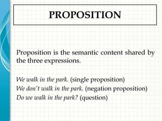 PROPOSITION


Proposition is the semantic content shared by
the three expressions.

We walk in the park. (single proposition)
We don’t walk in the park. (negation proposition)
Do we walk in the park? (question)
 