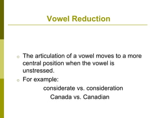 Vowel Reduction
o The articulation of a vowel moves to a more
central position when the vowel is
unstressed.
o For example:
considerate vs. consideration
Canada vs. Canadian
 