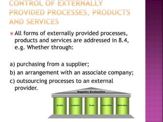  All forms of externally provided processes,
products and services are addressed in 8.4,
e.g. Whether through:
a) purchasing from a supplier;
b) an arrangement with an associate company;
c) outsourcing processes to an external
provider.
 