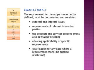 Clause 4.3 and 4.4
The requirement for the scope is now better
defined, must be documented and consider:
 external and internal issues
 requirements of relevant interested
parties
 the products and services covered (must
also be stated in scope)
 allowing applicability of specific
requirements
 justification for any case where a
requirement cannot be applied
(exclusion)
4
Context of
organization
4.1
Understanding
context
4.2
Interested parties
4.3
Scope
4.4
QMS
 