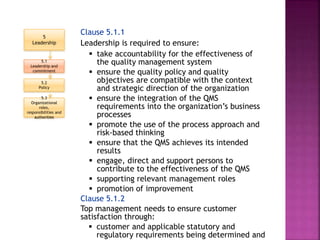 Clause 5.1.1
Leadership is required to ensure:
 take accountability for the effectiveness of
the quality management system
 ensure the quality policy and quality
objectives are compatible with the context
and strategic direction of the organization
 ensure the integration of the QMS
requirements into the organization’s business
processes
 promote the use of the process approach and
risk-based thinking
 ensure that the QMS achieves its intended
results
 engage, direct and support persons to
contribute to the effectiveness of the QMS
 supporting relevant management roles
 promotion of improvement
Clause 5.1.2
Top management needs to ensure customer
satisfaction through:
 customer and applicable statutory and
regulatory requirements being determined and
5
Leadership
5.1
Leadership and
commitment
5.2
Policy
5.3
Organizational
roles,
responsibilities and
authorities
 
