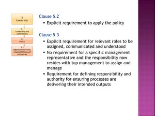 Clause 5.2
 Explicit requirement to apply the policy
Clause 5.3
 Explicit requirement for relevant roles to be
assigned, communicated and understood
 No requirement for a specific management
representative and the responsibility now
resides with top management to assign and
manage
 Requirement for defining responsibility and
authority for ensuring processes are
delivering their intended outputs
5
Leadership
5.1
Leadership and
commitment
5.2
Policy
5.3
Organizational roles,
responsibilities and
authorities
 